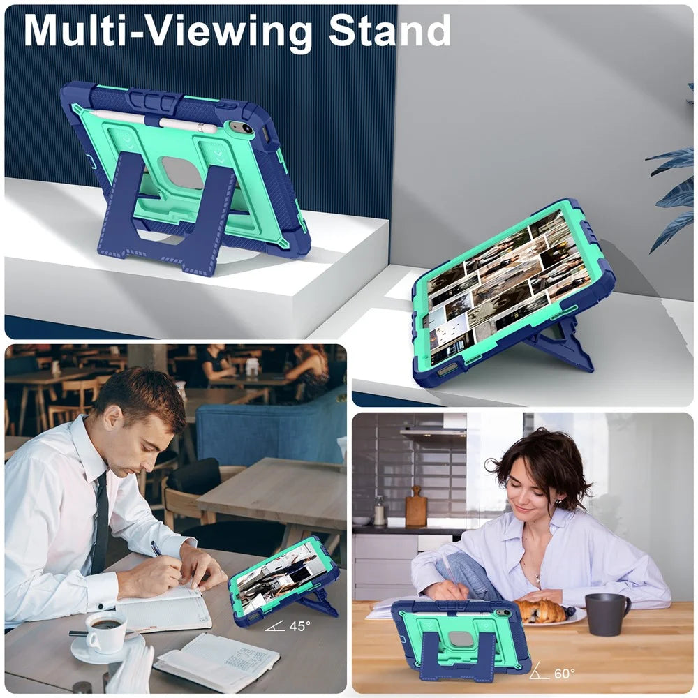 For iPad (2025) / iPad 10.9 (2022) Tablet Case with Kickstand Anti Drop PC + Silicone Cover - Navy Blue+Mint Green - 5