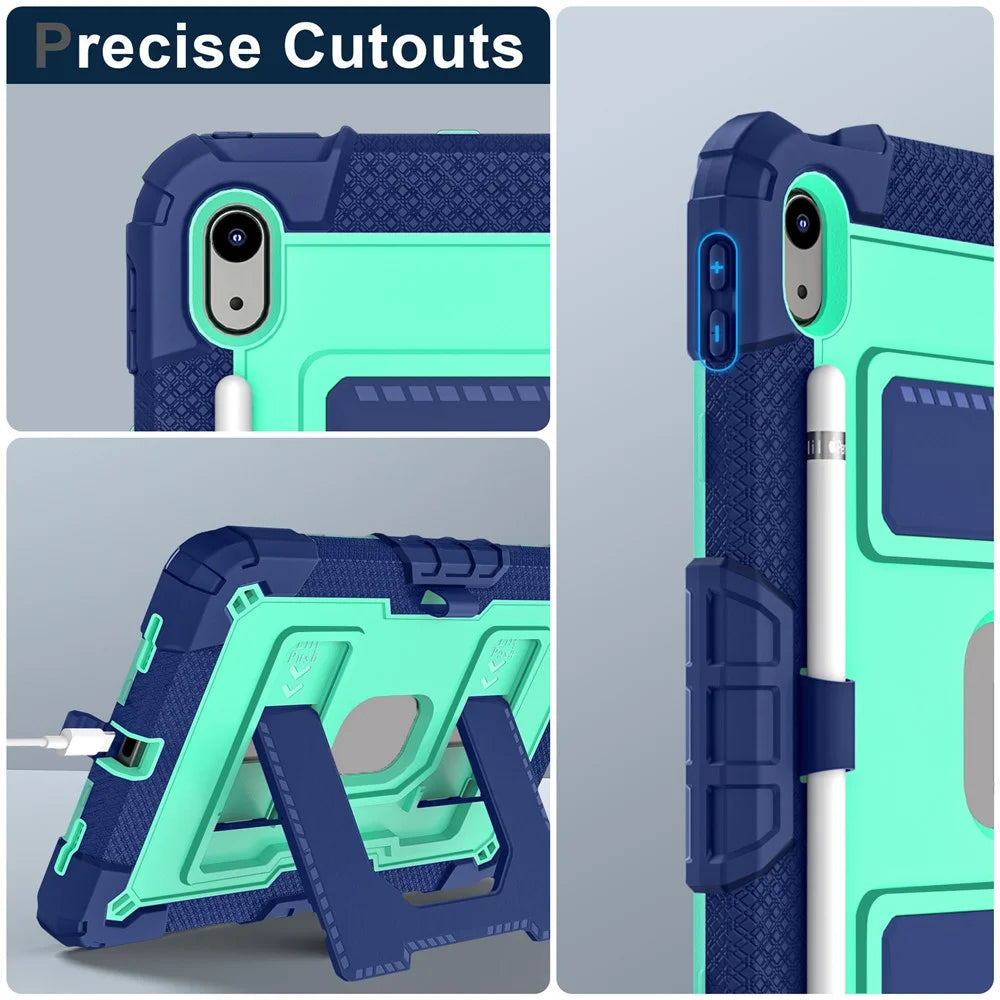 For iPad (2025) / iPad 10.9 (2022) Tablet Case with Kickstand Anti Drop PC + Silicone Cover - Navy Blue+Mint Green - 6
