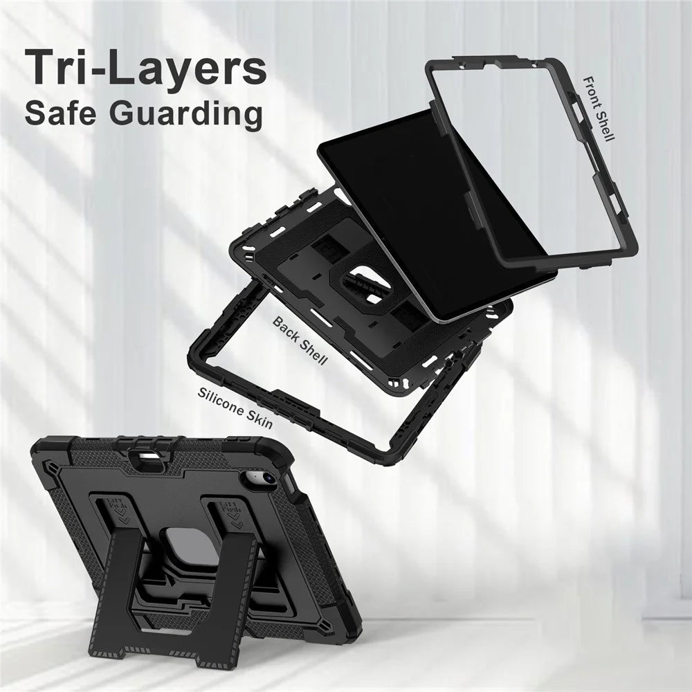 Tablet Case with Kickstand for iPad Air 11 (2026) / (2025) / (2024) / Air (2022) / (2020) Anti Drop PC + Silicone Cover - Black+Black - 2