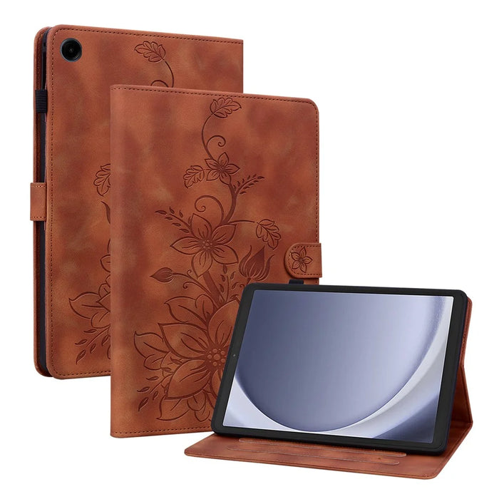 For Samsung Galaxy Tab A11 / A9 Case Lily Flower Imprint Card Slots Leather Tablet Cover - Brown - 1