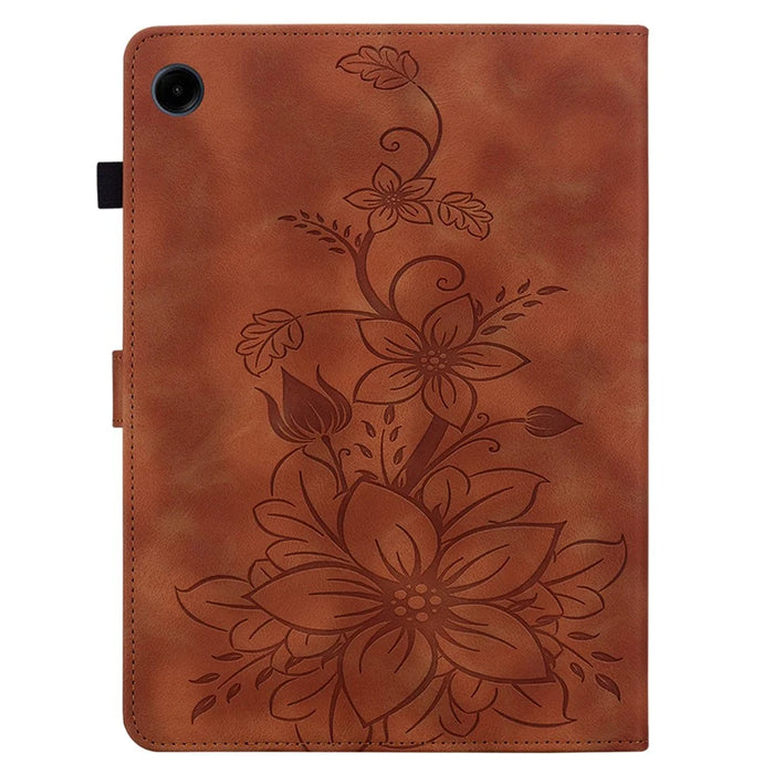 For Samsung Galaxy Tab A11 / A9 Case Lily Flower Imprint Card Slots Leather Tablet Cover - Brown - 5