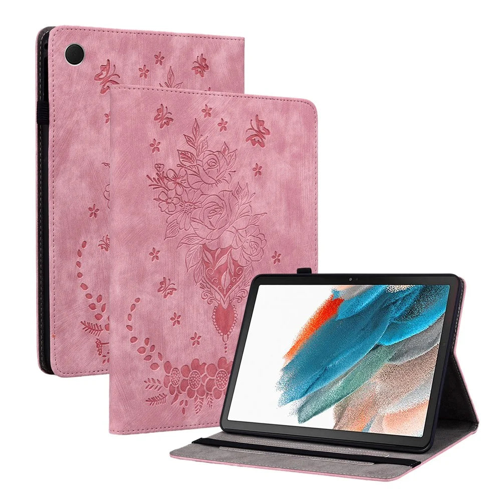 For Samsung Galaxy Tab A11 / A9 Case Card Holder Anti-Scratch Leather Cover Rose Flower Imprint - Pink - 1