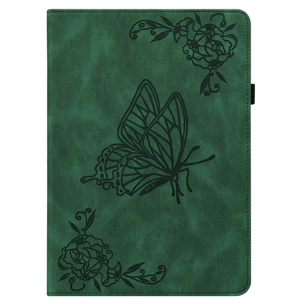 For Samsung Galaxy Tab A11 / A9 Case Butterfly Flower Imprint PU Leather Tablet Cover with Card Slots - Green - 6