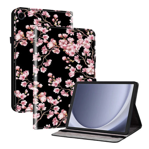 For Samsung Galaxy Tab A11 / A9 Leather Case Pattern Printed Stand Tablet Cover with Card Slots - Plum Blossom - 1