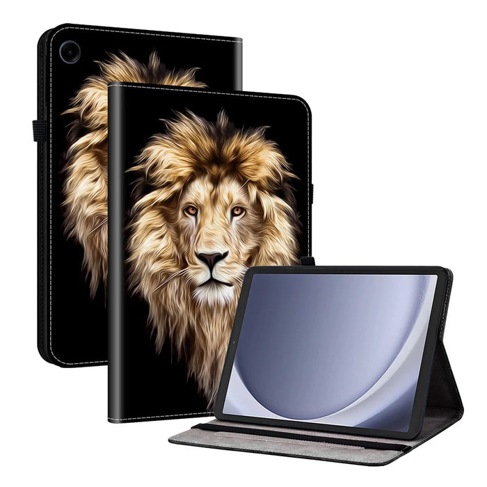 For Samsung Galaxy Tab A11 / A9 Leather Case Pattern Printed Stand Tablet Cover with Card Slots - Lion Head - 1