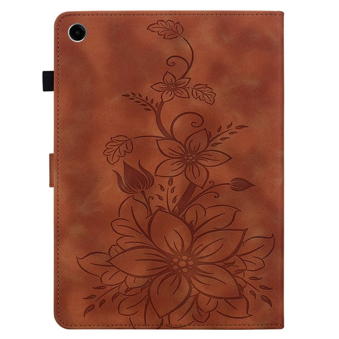 For Samsung Galaxy Tab A11+ Case Lily Flower Imprint Card Slots Leather Tablet Cover - Brown - 5
