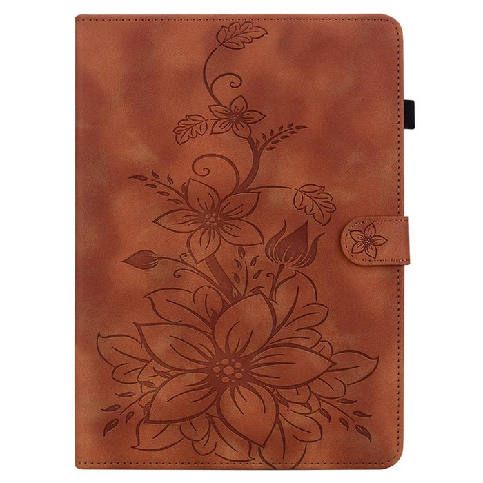 For Samsung Galaxy Tab A11+ Case Lily Flower Imprint Card Slots Leather Tablet Cover - Brown - 6