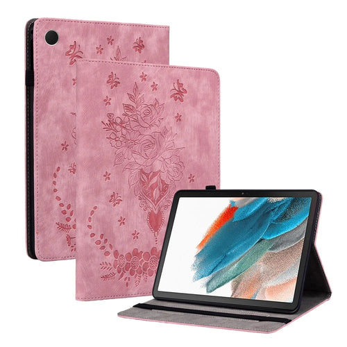 For Samsung Galaxy Tab A11+ Case Card Holder Anti-Scratch Leather Cover Rose Flower Imprint - Pink - 1