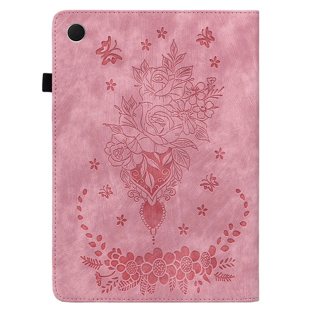 For Samsung Galaxy Tab A11+ Case Card Holder Anti-Scratch Leather Cover Rose Flower Imprint - Pink - 5