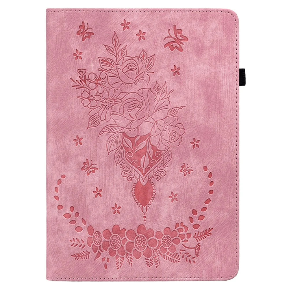 For Samsung Galaxy Tab A11+ Case Card Holder Anti-Scratch Leather Cover Rose Flower Imprint - Pink - 6