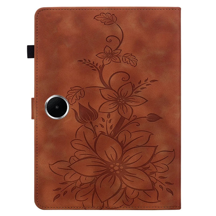 For OnePlus Pad Lite / Oppo Pad SE Case Lily Flower Imprint Card Slots Leather Tablet Cover - Brown - 5