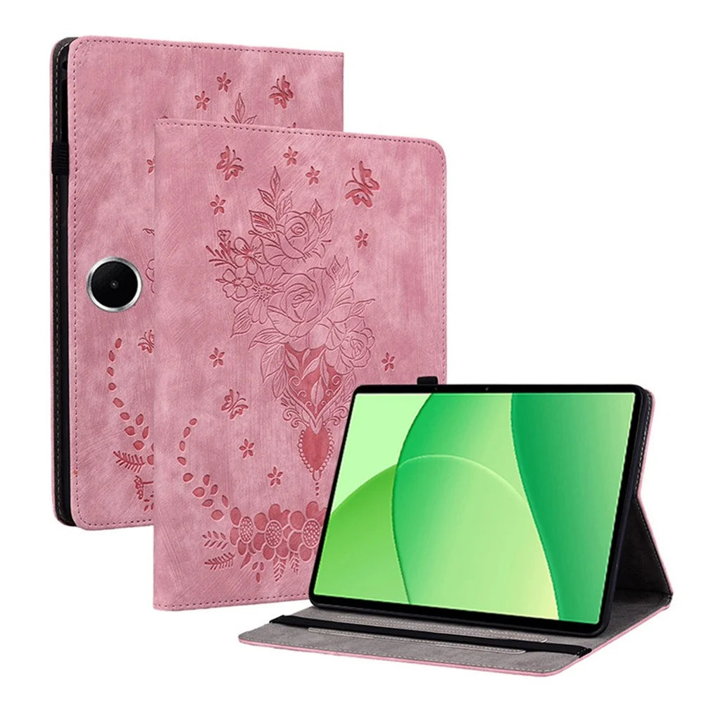 For OnePlus Pad Lite / Oppo Pad SE Case Card Holder Anti-Scratch Leather Cover Rose Flower Imprint - Pink - 1