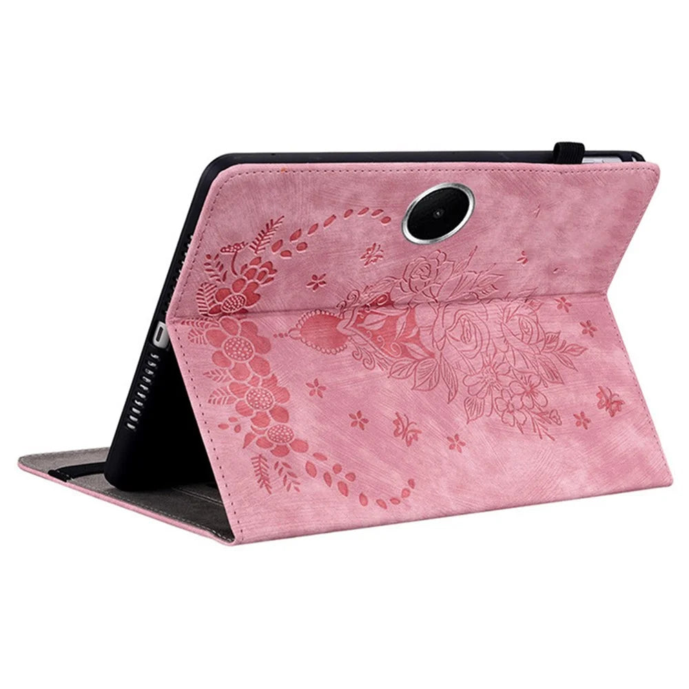 For OnePlus Pad Lite / Oppo Pad SE Case Card Holder Anti-Scratch Leather Cover Rose Flower Imprint - Pink - 4