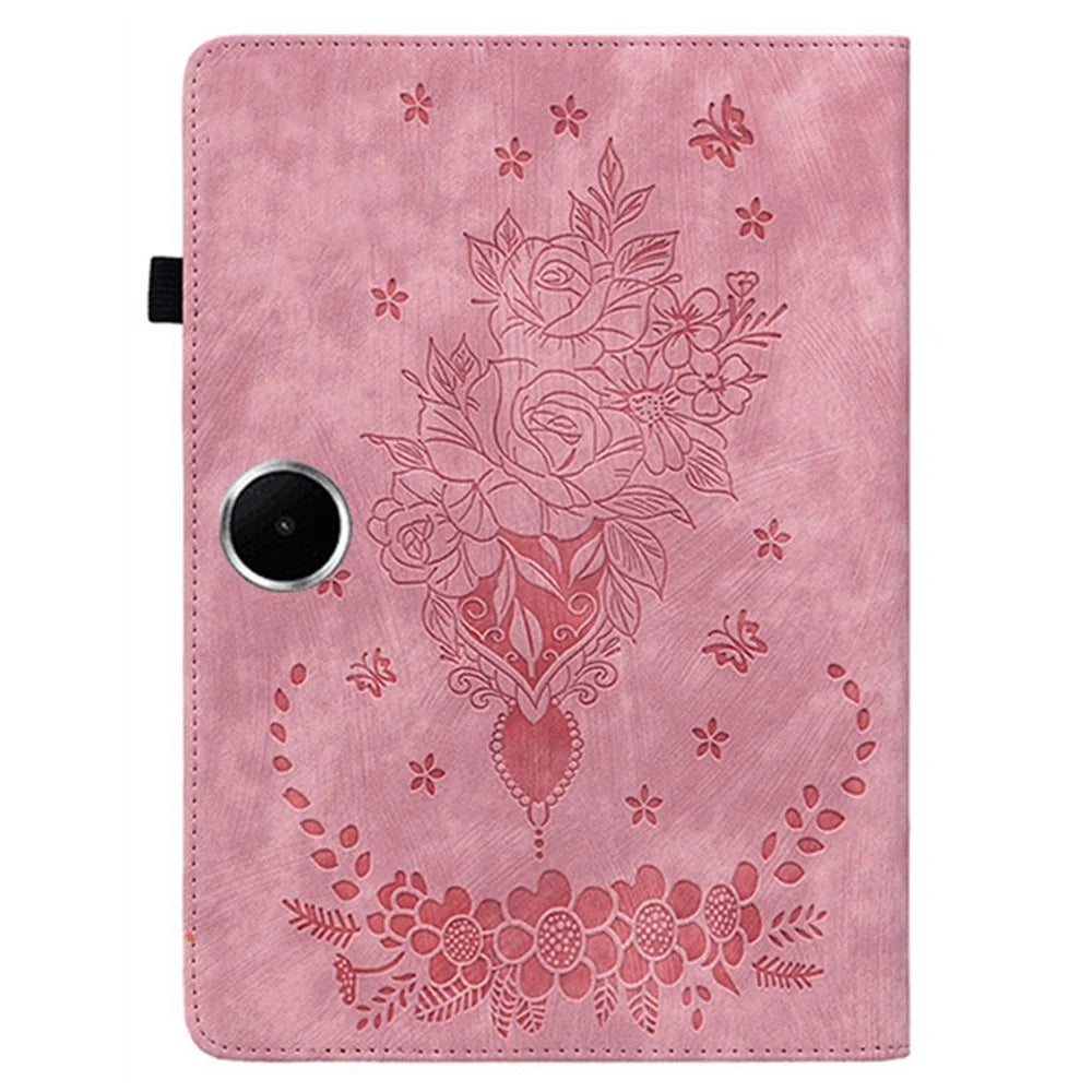 For OnePlus Pad Lite / Oppo Pad SE Case Card Holder Anti-Scratch Leather Cover Rose Flower Imprint - Pink - 5