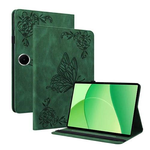 For OnePlus Pad Lite / Oppo Pad SE Case Butterfly Flower Imprint PU Leather Tablet Cover with Card Slots - Green - 1
