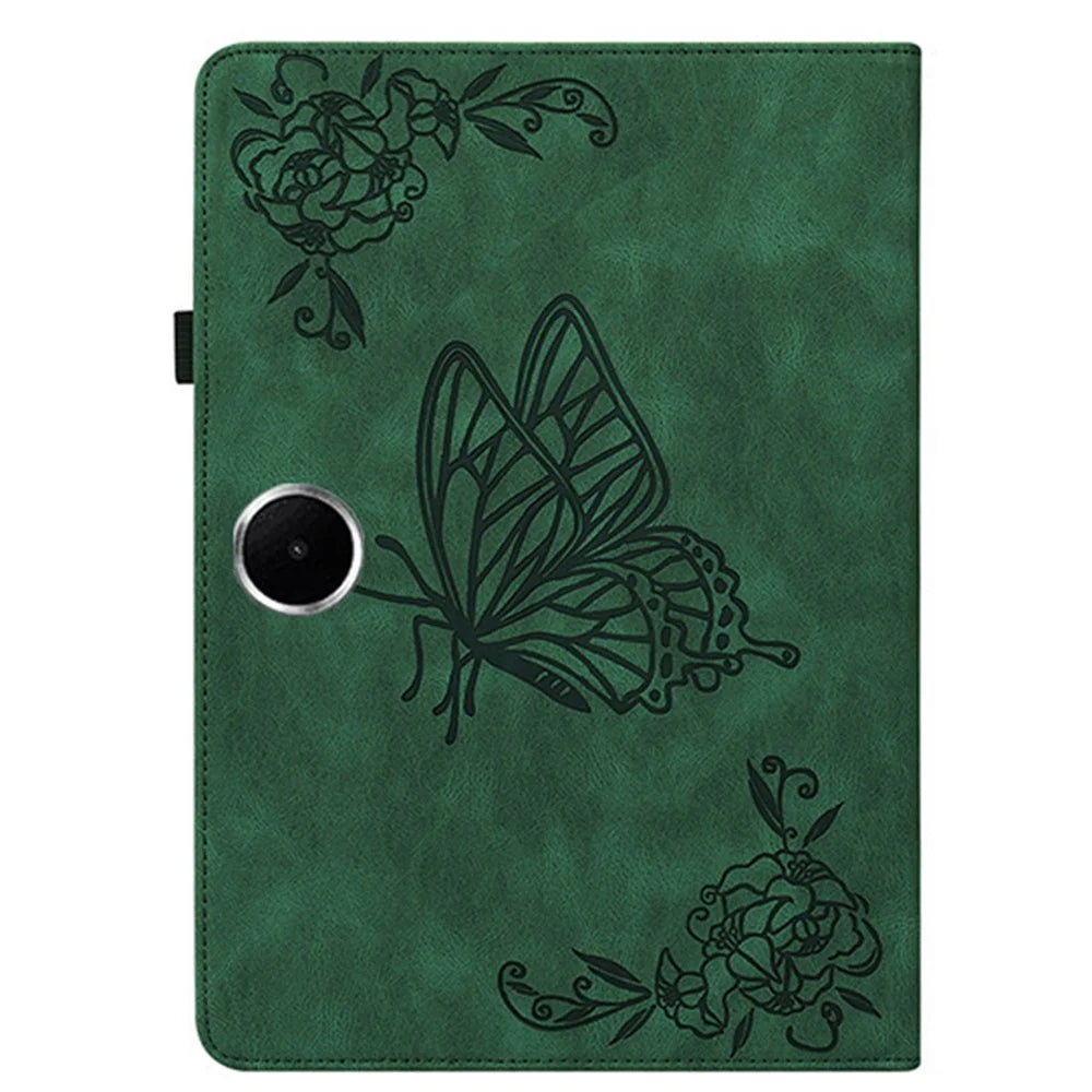 For OnePlus Pad Lite / Oppo Pad SE Case Butterfly Flower Imprint PU Leather Tablet Cover with Card Slots - Green - 5