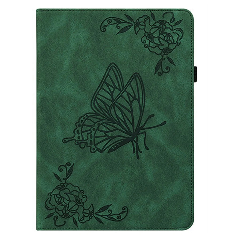 For OnePlus Pad Lite / Oppo Pad SE Case Butterfly Flower Imprint PU Leather Tablet Cover with Card Slots - Green - 6