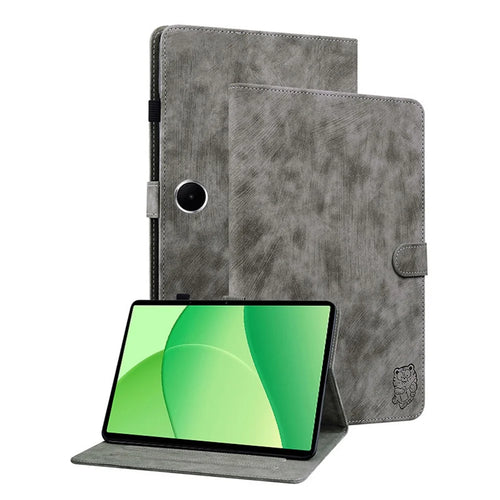 For OnePlus Pad Lite / Oppo Pad SE Case Tiger Imprint Anti-Scratch PU Leather Tablet Cover - Grey - 1