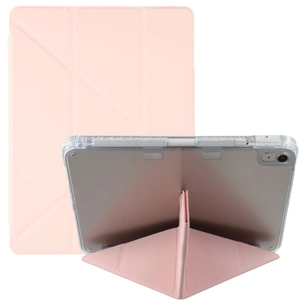 For iPad (2025) / iPad 10.9 (2022) Case Y-Fold Stand PU Leather Clear Acrylic Tablet Cover - Pink - 1