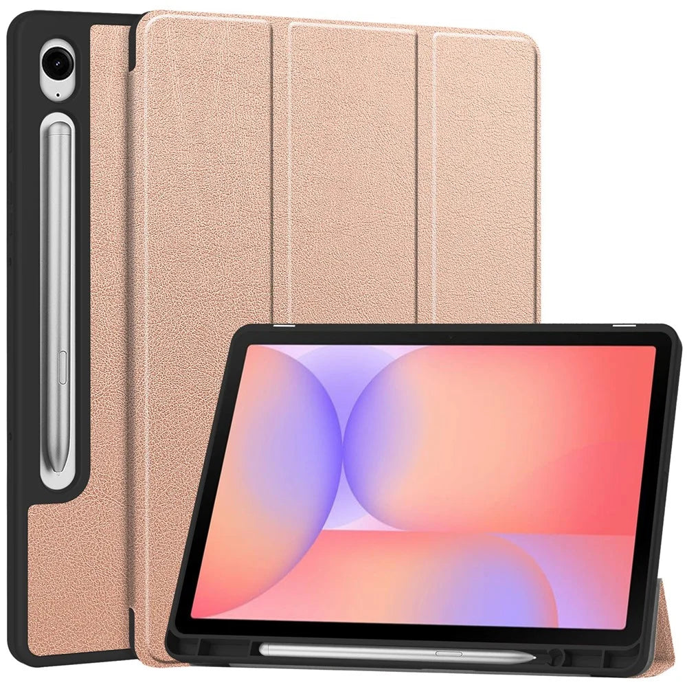 For Samsung Galaxy Tab S10 Lite Stand Case Shock-Absorbent Leather Tablet Cover with Pen Slot - Rose Gold - 1
