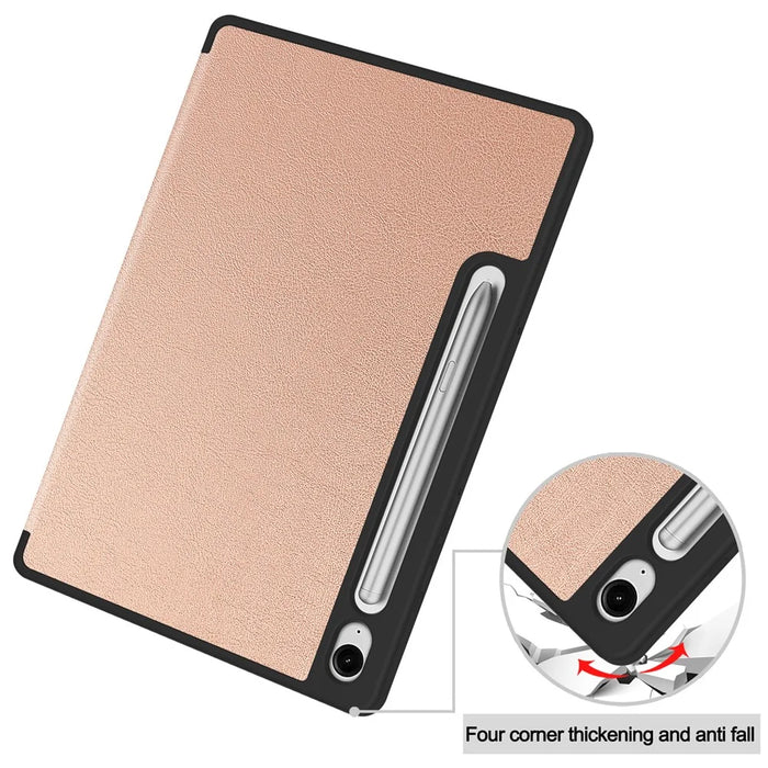 For Samsung Galaxy Tab S10 Lite Stand Case Shock-Absorbent Leather Tablet Cover with Pen Slot - Rose Gold - 6