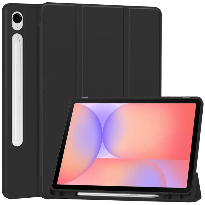 For Samsung Galaxy Tab S10 Lite Case Trifold Stand Solid Color Leather Tablet Cover with Pen Slot - Black - 1