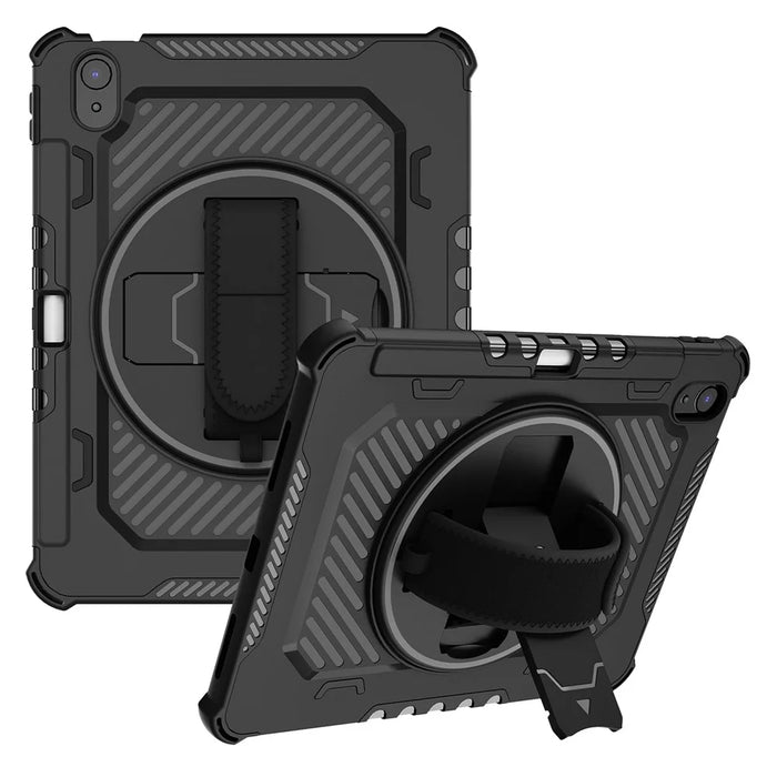 For iPad (2025)  /  10.9 (2022) Case Kickstand PC + TPU Shockproof Tablet Cover with Hand Strap  /  Pen Slot - Black - 1