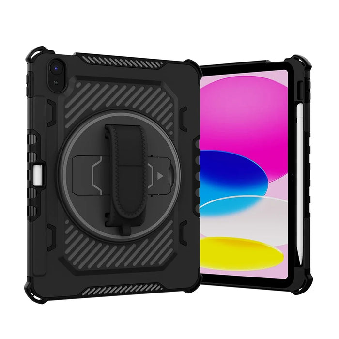 For iPad (2025)  /  10.9 (2022) Case Kickstand PC + TPU Shockproof Tablet Cover with Hand Strap  /  Pen Slot - Black - 2
