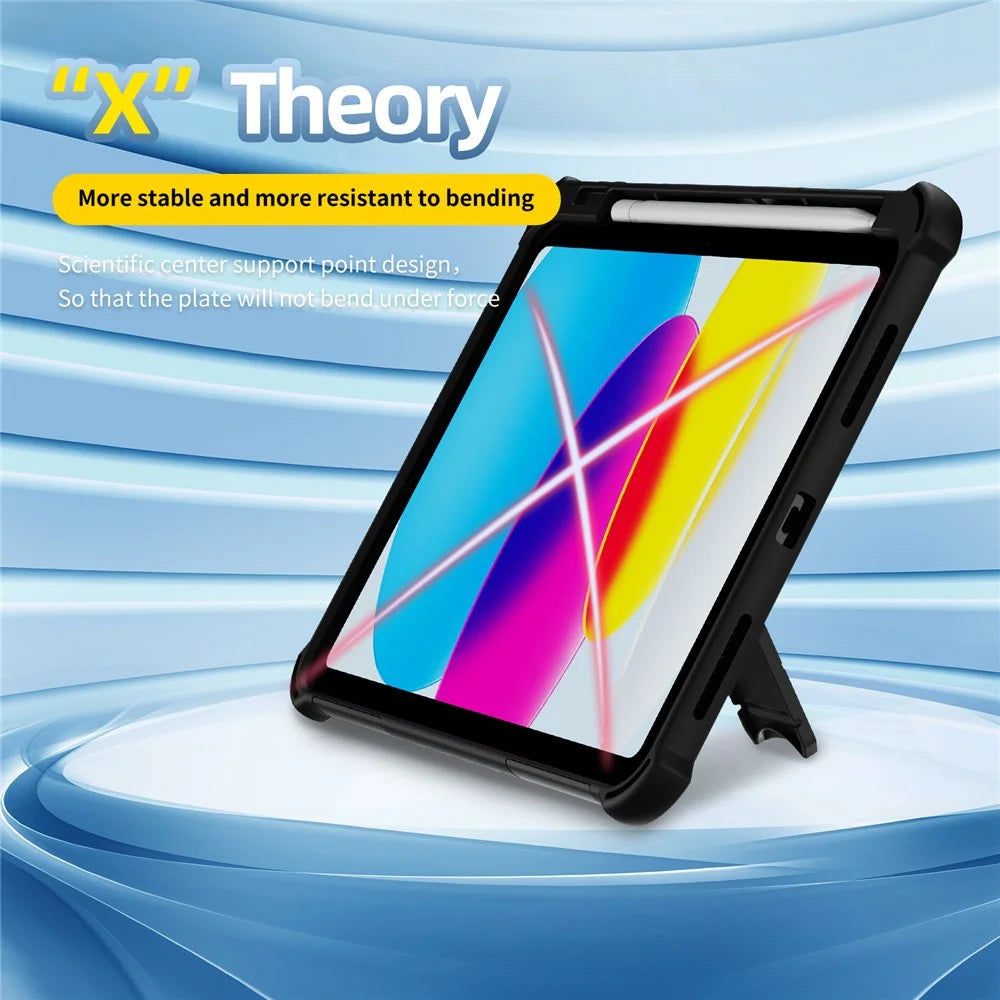 For iPad (2025)  /  10.9 (2022) Case Kickstand PC + TPU Shockproof Tablet Cover with Hand Strap  /  Pen Slot - Black - 3