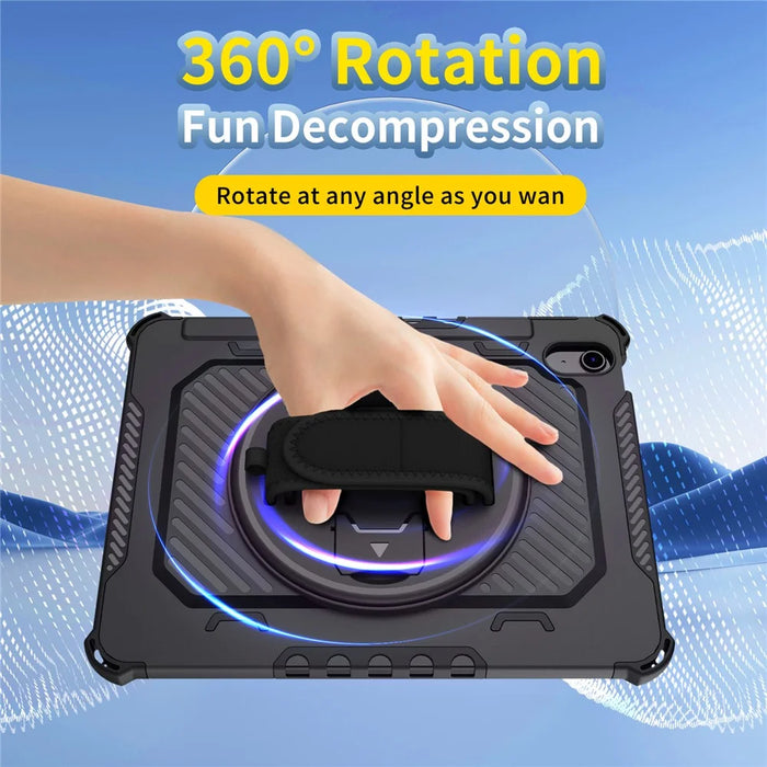 For iPad (2025)  /  10.9 (2022) Case Kickstand PC + TPU Shockproof Tablet Cover with Hand Strap  /  Pen Slot - Black - 5