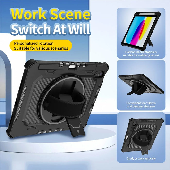 For iPad (2025)  /  10.9 (2022) Case Kickstand PC + TPU Shockproof Tablet Cover with Hand Strap  /  Pen Slot - Black - 6