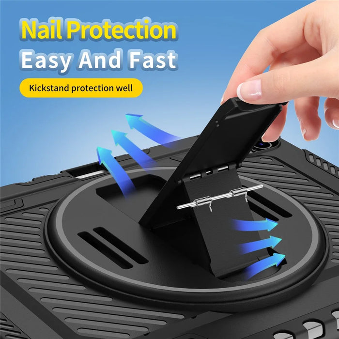 For iPad (2025)  /  10.9 (2022) Case Kickstand PC + TPU Shockproof Tablet Cover with Hand Strap  /  Pen Slot - Black - 7