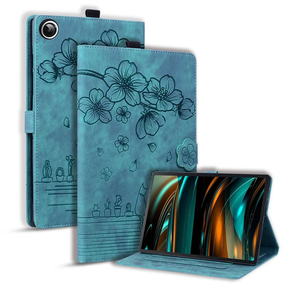 For Samsung Galaxy Tab A11+ / Tab A9+ Case Card Slots Leather Tablet Stand Folio Cover Flower Cat - Green - 1