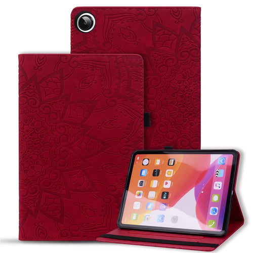For Samsung Galaxy Tab A11+ / Tab A9+ Tablet Case Card Slots Leather Cover Flower Pattern - Red - 1
