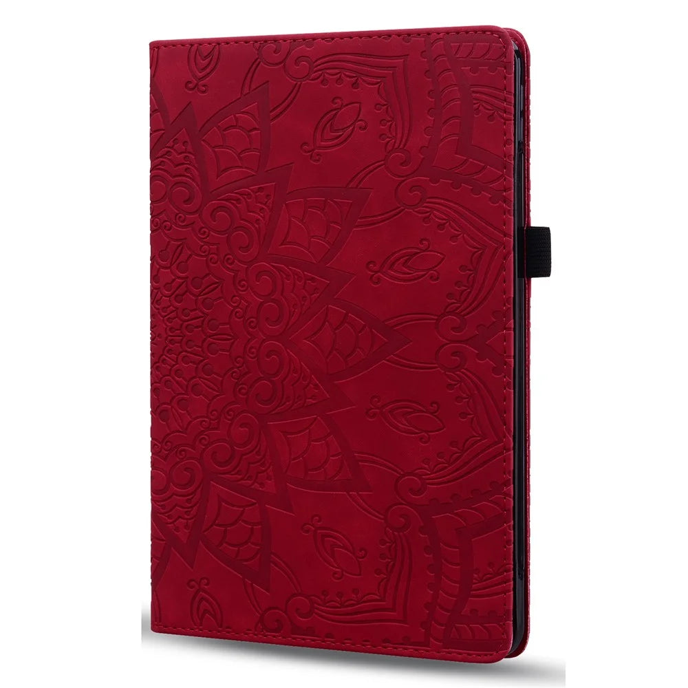 For Samsung Galaxy Tab A11+ / Tab A9+ Tablet Case Card Slots Leather Cover Flower Pattern - Red - 5