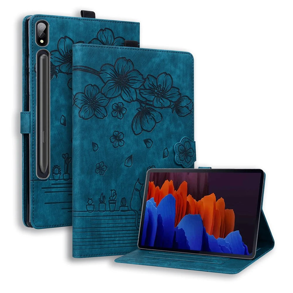 Leather Case For Samsung Galaxy Tab S11 Ultra / S10 Ultra / S9 Ultra / S8 Ultra , Card Slots Tablet Stand Folio Cover Flower Cat - Blue - 1