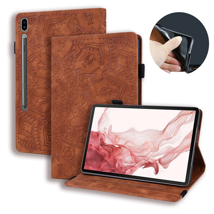 Tablet Case For Samsung Galaxy Tab S11 Ultra / S10 Ultra / S9 Ultra / S8 Ultra Card Slots Leather Cover Flower Pattern - Brown - 1