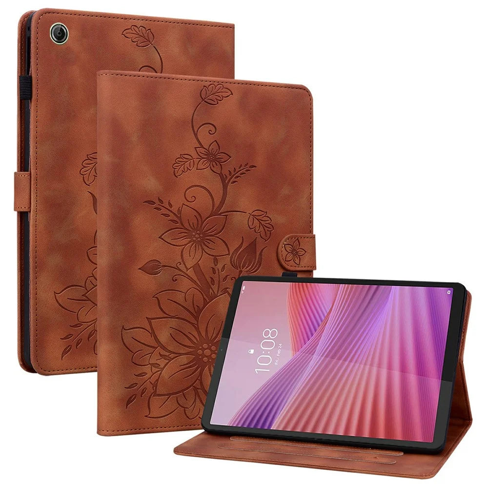 For Lenovo Tab K9 Case Lily Flower Imprint Card Slots Leather Tablet Cover - Brown - 1