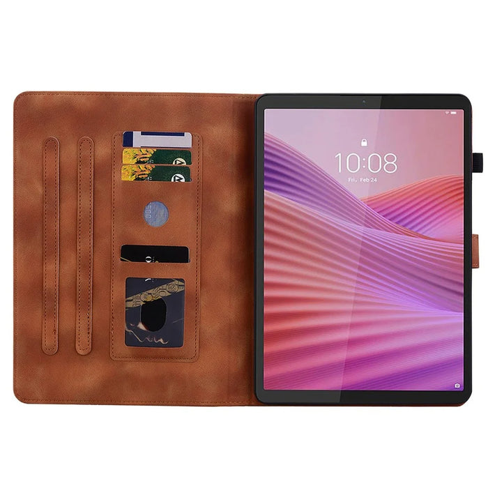 For Lenovo Tab K9 Case Lily Flower Imprint Card Slots Leather Tablet Cover - Brown - 2