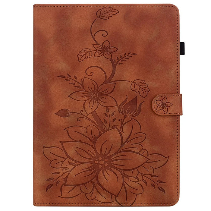 For Lenovo Tab K9 Case Lily Flower Imprint Card Slots Leather Tablet Cover - Brown - 5