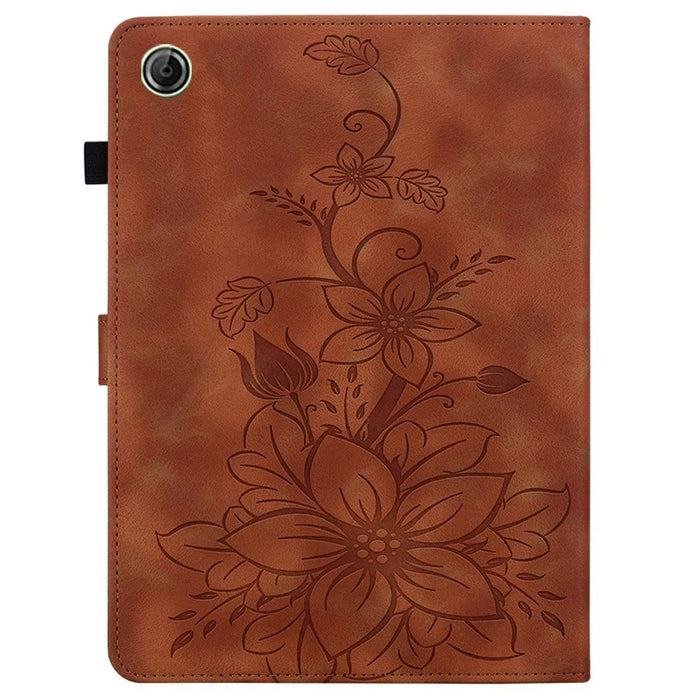For Lenovo Tab K9 Case Lily Flower Imprint Card Slots Leather Tablet Cover - Brown - 6