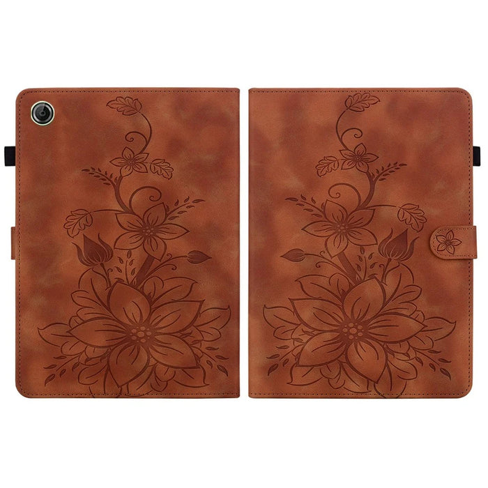 For Lenovo Tab K9 Case Lily Flower Imprint Card Slots Leather Tablet Cover - Brown - 7
