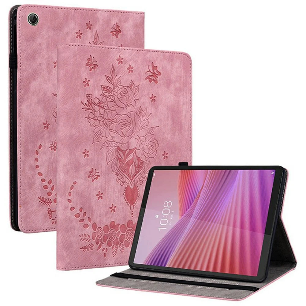 For Lenovo Tab K9 Case Card Holder Anti-Scratch Leather Cover Rose Flower Imprint - Pink - 1