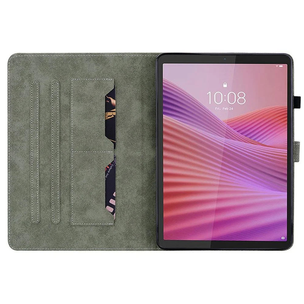 For Lenovo Tab K9 Case Card Holder Anti-Scratch Leather Cover Rose Flower Imprint - Pink - 2