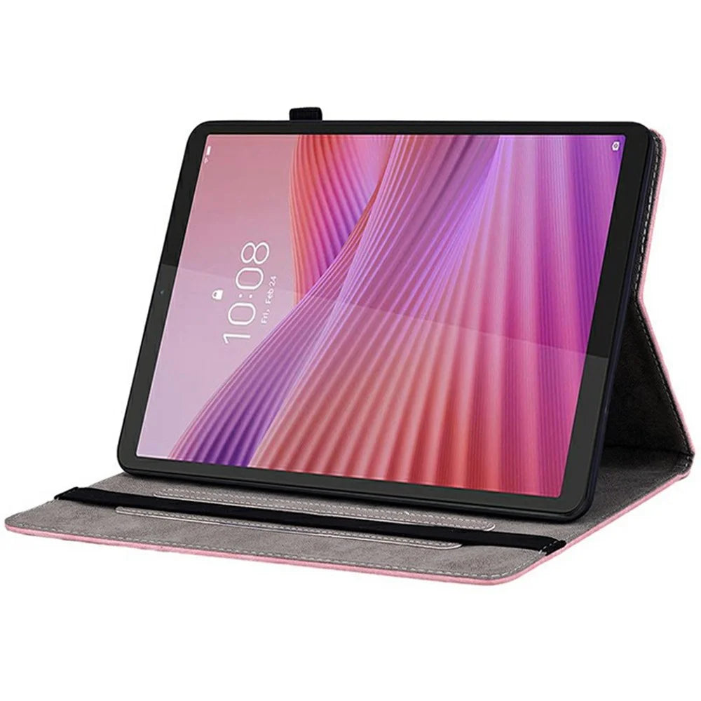 For Lenovo Tab K9 Case Card Holder Anti-Scratch Leather Cover Rose Flower Imprint - Pink - 3