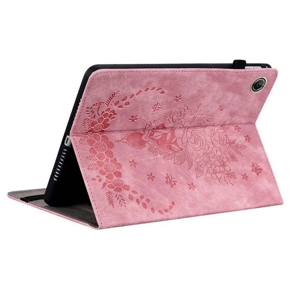 For Lenovo Tab K9 Case Card Holder Anti-Scratch Leather Cover Rose Flower Imprint - Pink - 4