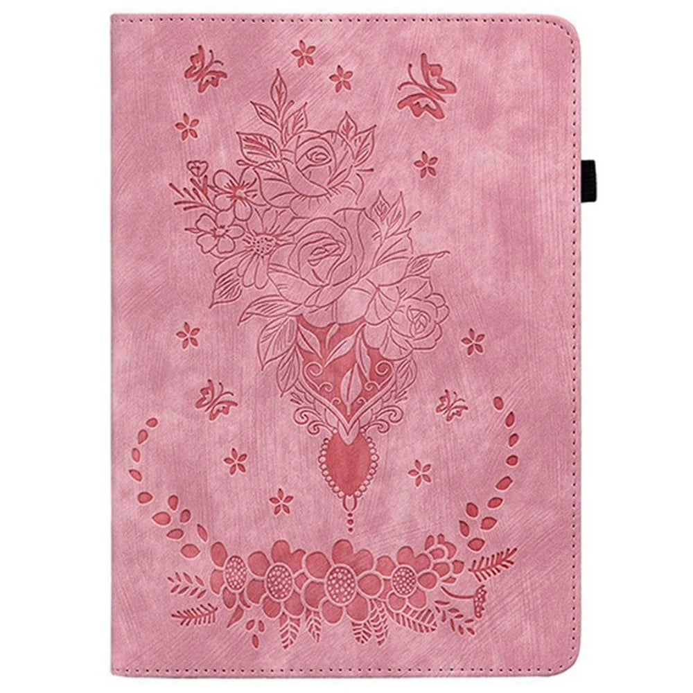 For Lenovo Tab K9 Case Card Holder Anti-Scratch Leather Cover Rose Flower Imprint - Pink - 5