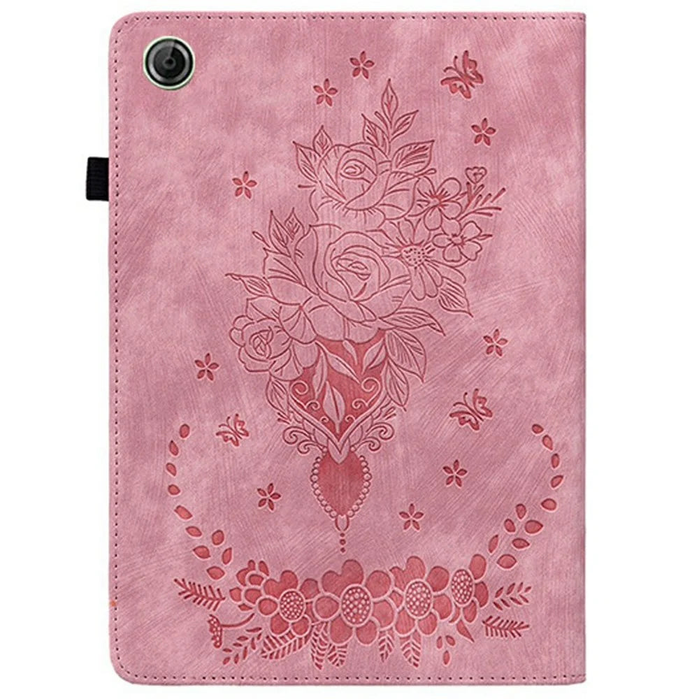 For Lenovo Tab K9 Case Card Holder Anti-Scratch Leather Cover Rose Flower Imprint - Pink - 6