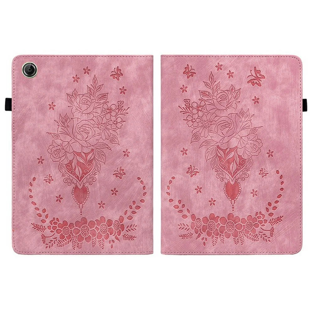 For Lenovo Tab K9 Case Card Holder Anti-Scratch Leather Cover Rose Flower Imprint - Pink - 7