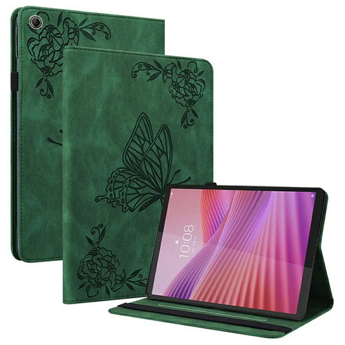 For Lenovo Tab K9 Case Butterfly Flower Imprint PU Leather Tablet Cover with Card Slots - Green - 1